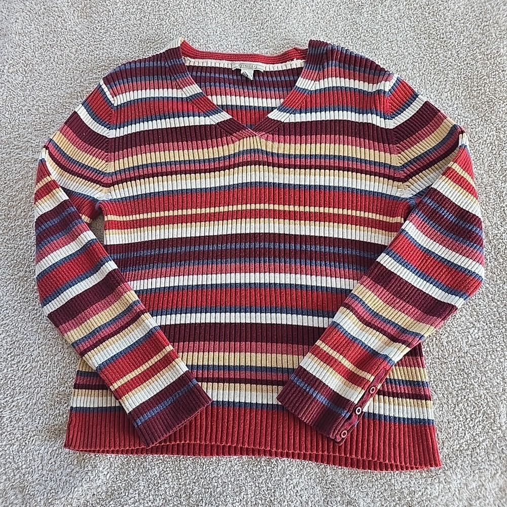 Vtg Maurices Striped Ribbed V-neck Pull-over Top Long Sleeve Y2K 90s Stretch L